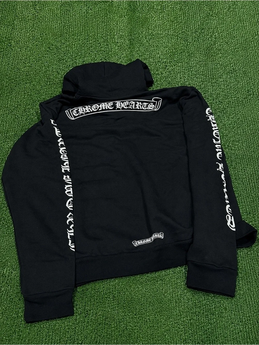 Chrome Hearts Black Crewneck Pullover with White Sleeve Gothic Script